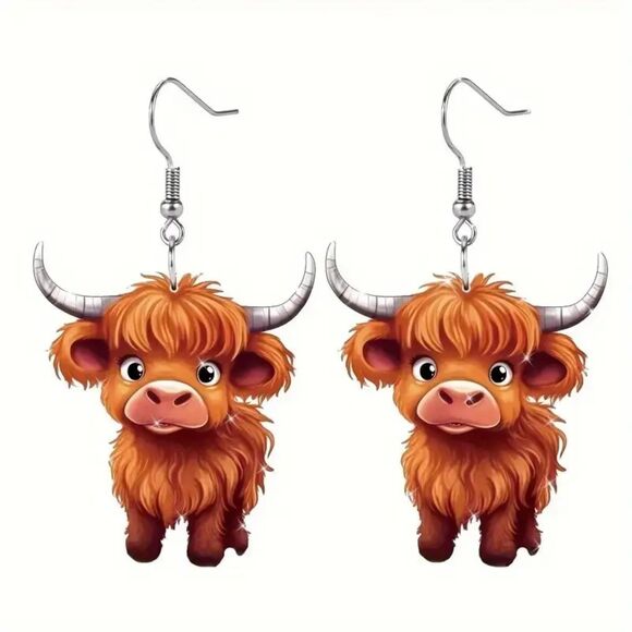 New Handmade Acrylic Cow Print Dangle Earrings - Picture 3 of 7